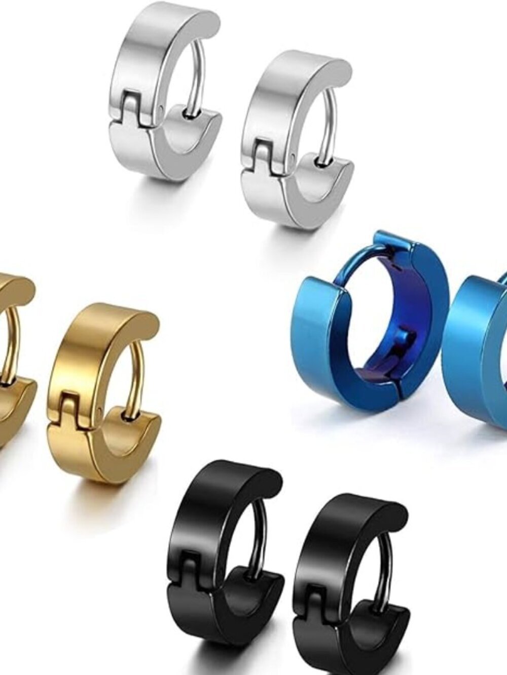 4-Pair Titanium Steel Huggie Hoop Earring Set – Black, Silver, Gold, Oil slick